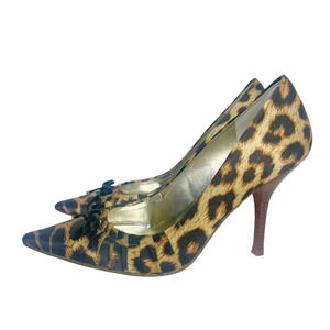 Guess Leopard Print Satin Pumps Black Bows Pointed Toe Heels Women's Size 7